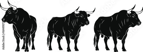 Black bull silhouette vector set, strong animal illustration, isolated cattle design for agriculture, farm, wildlife, livestock branding, and decoration use
