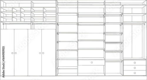 Modular closet system, customizable storage solution, shelves and drawers, hanging space, wardrobe design, home organization, interior furniture, efficient layout, vector, illustration