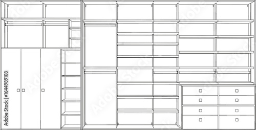 Modular closet system, customizable storage, shelves and drawers, hanging space, home organization, wardrobe design, interior furniture, efficient layout, vector, illustration