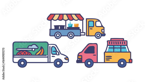 Food trucks and delivery vehicles illustration for mobile food business and street food vendors concept