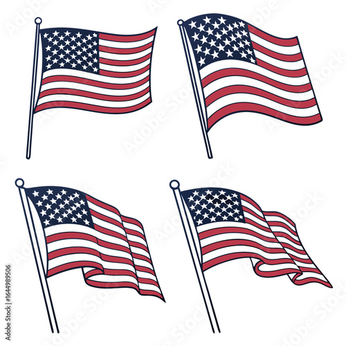 Four waving american flags on poles in a stylized outline design