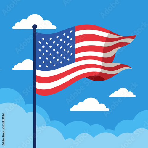 American flag waving proudly against a blue sky with clouds