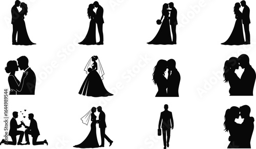 Romantic wedding silhouettes, bride and groom, marriage proposal, couple in love, wedding ceremony, embrace, kiss, illustration, vector, celebration