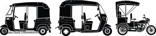 Set of auto rickshaw and motorbike rickshaw silhouettes, public transport vector illustrations, three-wheeler taxi design, urban transportation, commuter vehicle graphic art