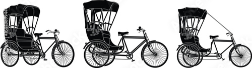 Set of cycle rickshaw silhouettes, pedal taxi vector illustrations, urban transport, traditional passenger carriage, vintage three-wheeler, city transportation graphic art