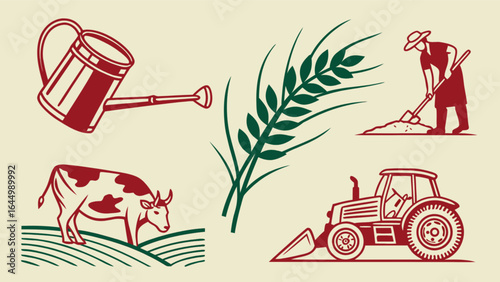 Agriculture farming vector illustration with farmer cow tractor wheat and watering can design concept