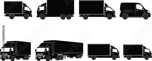 Truck silhouette collection, delivery vehicle icons, cargo transport graphics, commercial transportation vector, logistics illustration, shipping trucks bundle, black and white design