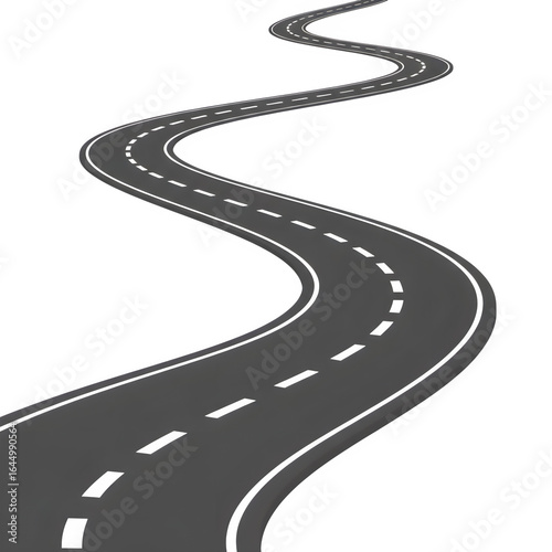 Winding Asphalt Road with White Dashed Lines on Transparent Background highway street