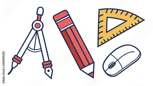 Drafting tools set compass pencil ruler and mouse for design and engineering vector illustration
