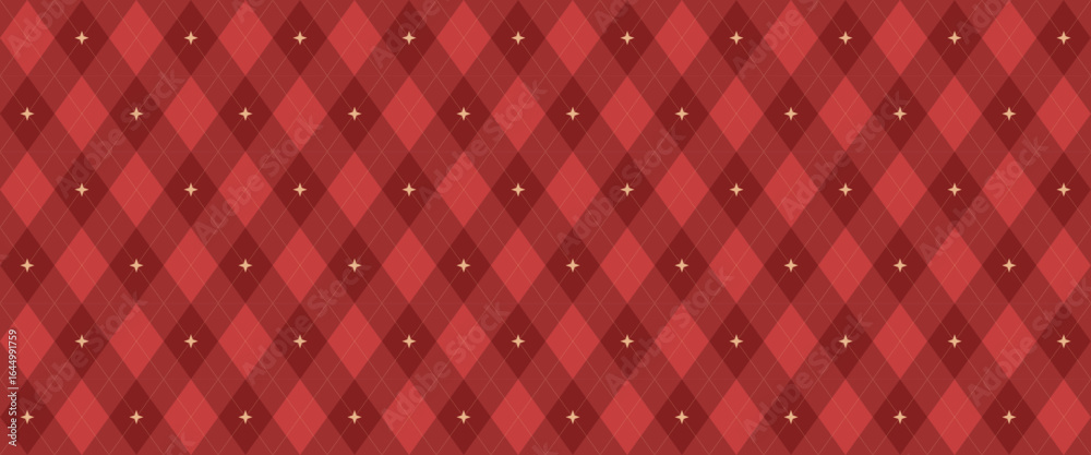 Fototapeta premium Christmas rhombus seamless pattern. Xmas red plaid texture with gold line and stars. Argyle geometric diamond abstract pattern. Christmas wrapping. Vector illustration isolated on red background.