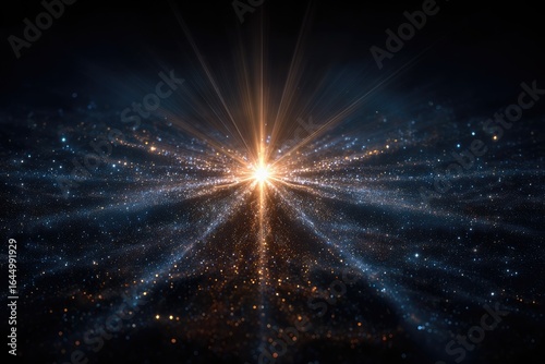 Cosmic burst radiating from central light source.  Particles of varying tones, from gold to blue, create a sense of depth and movement