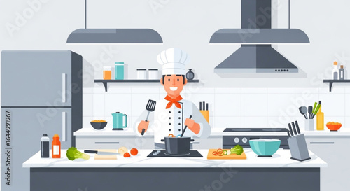 A cheerful chef cooking in a modern, well-equipped kitchen, stirring a pot.