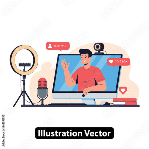 Engaging Content Creator Streaming Online with Studio Setup Illustration