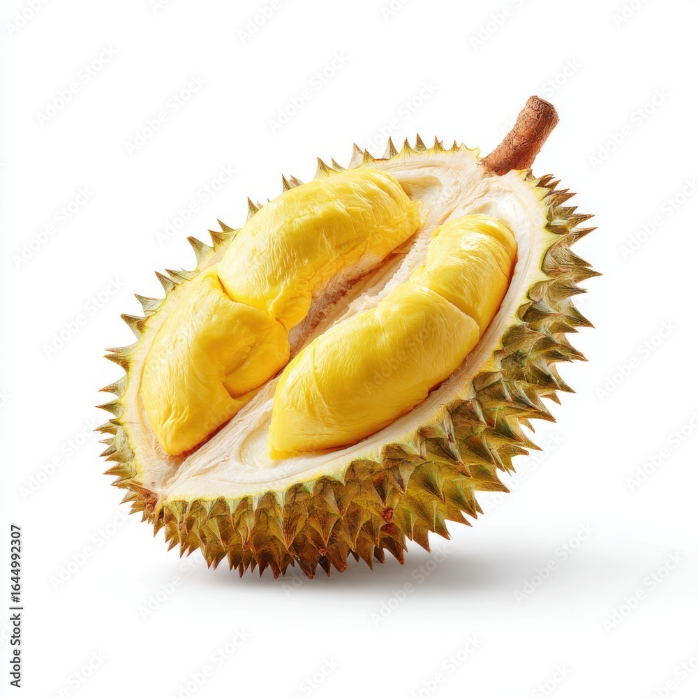 Obraz premium Fresh Cut Durian Fruit with Yellow Flesh and Thorns on White Background