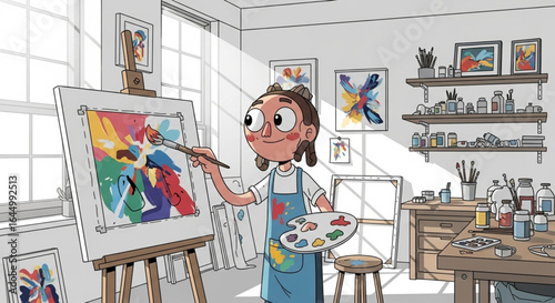 Cartoon illustration of a young woman painting an abstract artwork in a bright, sunlit art studio.