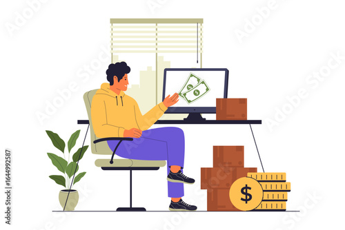 Man Working on Computer for Side Hustle. Home Office. Vector Flat Illustration