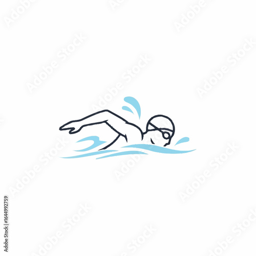 Swimmer with cap  goggles doing freestyle stroke creating waves