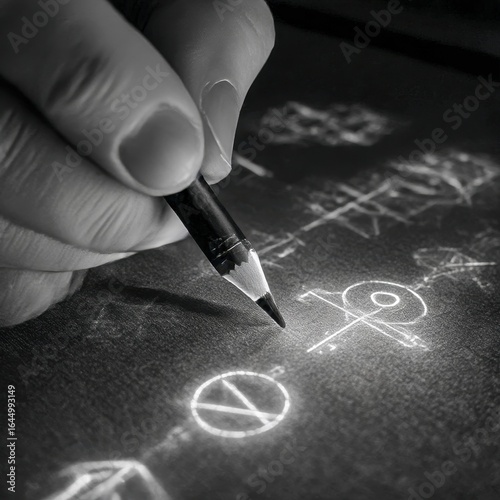 neon pencil sketching glowing symbols on an invisible canvas