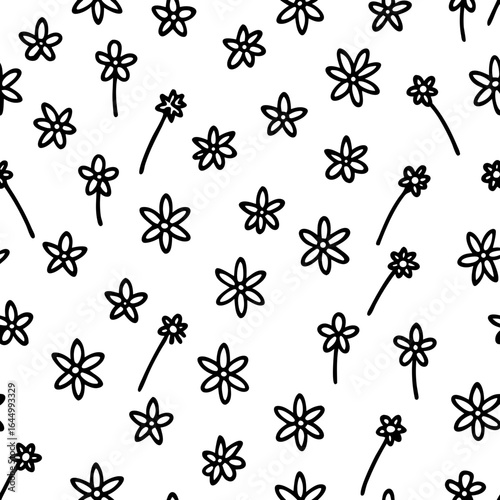 Simple black and white outline flowers seamless pattern on white background