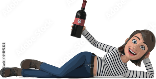 Happy woman lying down holding wine bottle, casual clothing, smiling girl with striped shirt, relaxed pose, celebration, beverage, lifestyle, fun and leisure concept