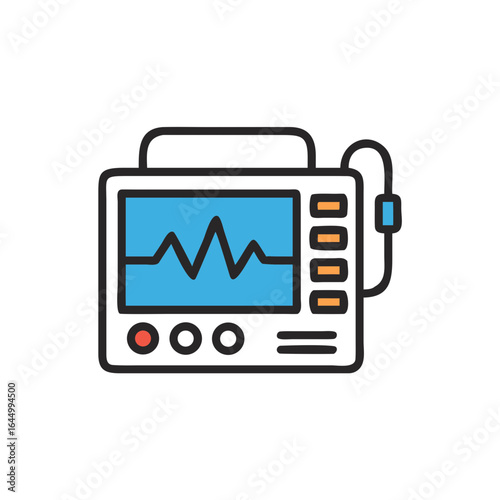 Medical defibrillator device with ECG display in flat design  