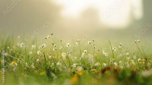 Lush green spring grass field with delicate wildflowers under soft morning sunlight.