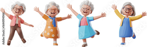 Joyful elderly women dancing, smiling grandmothers with glasses, colorful dresses and cardigans, happy seniors celebrating, active lifestyle, positive emotions, fun and health concept
