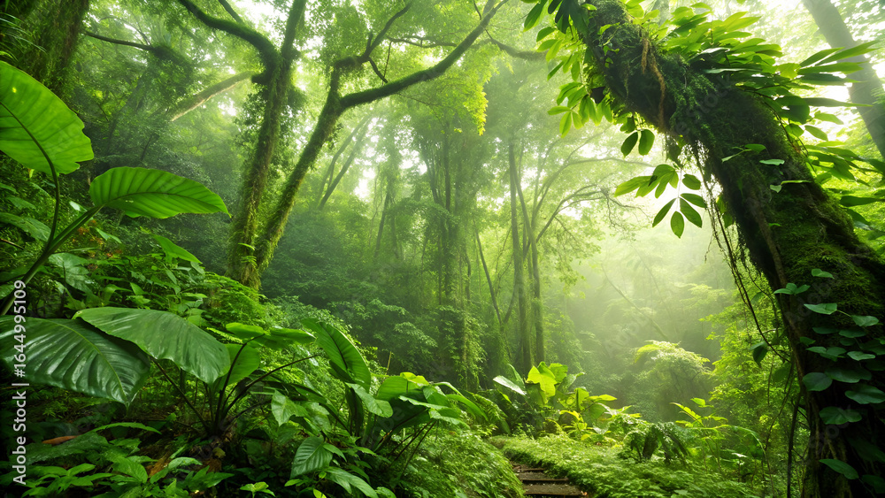 Fototapeta premium Vibrant lush jungle foliage with overlapping rainforest leaves in a fresh, humid, and exotic wilderness setting