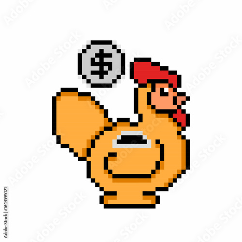 Pixel art of chicken piggy bank. Pixelated chicken coin saving. 