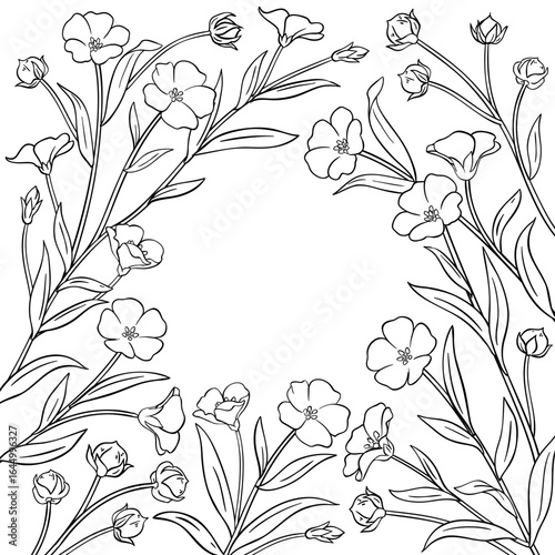 Flax Branch with Flowers and Leaves Outline Frame. Organic natural nutritional healthy food ingredient, vegetarian diet product. Vector isolated for design or decoration.