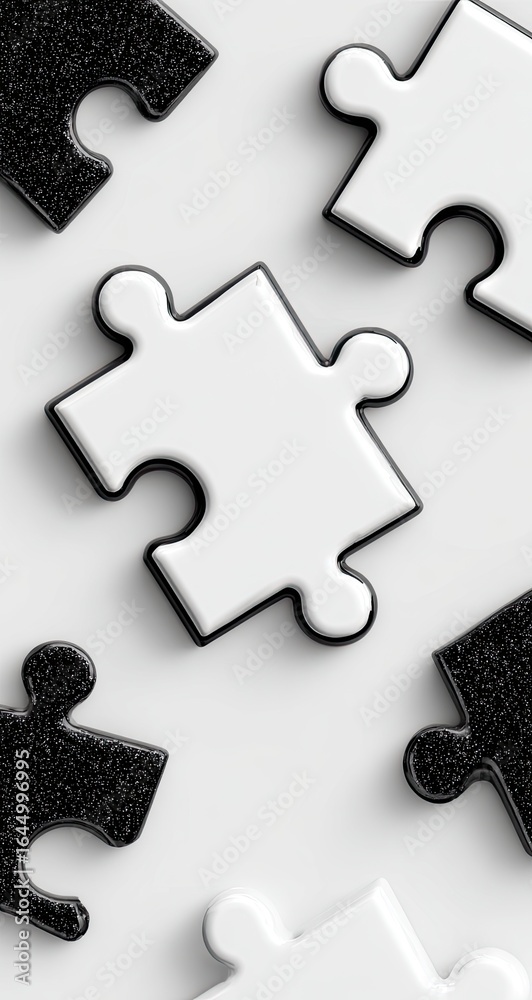 Fototapeta premium Black and white puzzle pieces scattered on a light background