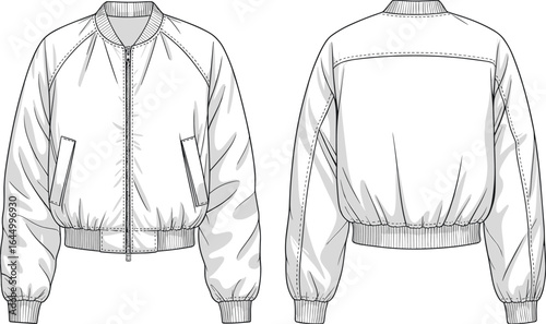 Bomber jacket fashion flat sketch, zip front closure, ribbed cuffs and hem, casual outerwear design front and back technical illustration