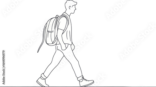 A continuous single-line illustration depicts a man strolling down the street, embodying the concept of a college student carrying a bag