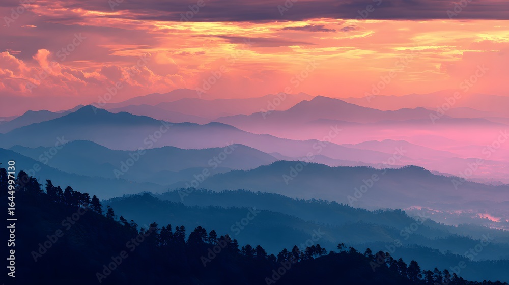 Obraz premium Layered mountain range at sunrise.