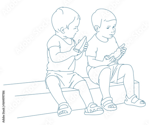 Toddler boys eating watermelon outside