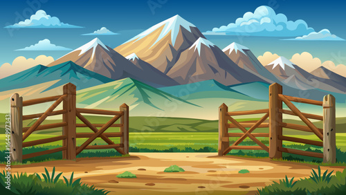 A weathered wooden farm gate stands closed, guarding rolling high country fields, while snowy mountains rise beyond, their white peaks shimmering under Springfield’s vast, crystal sky in peaceful rura