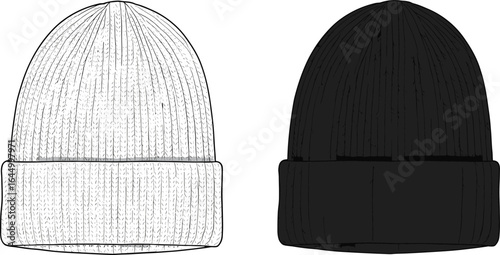 Knitted winter beanie hat front view, ribbed cuff cap design, black and white style, cad drawing flat vector illustration
