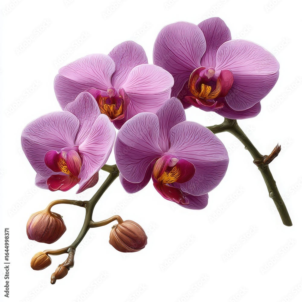 Obraz premium Pink Orchid Flowers and Buds on White Background floral