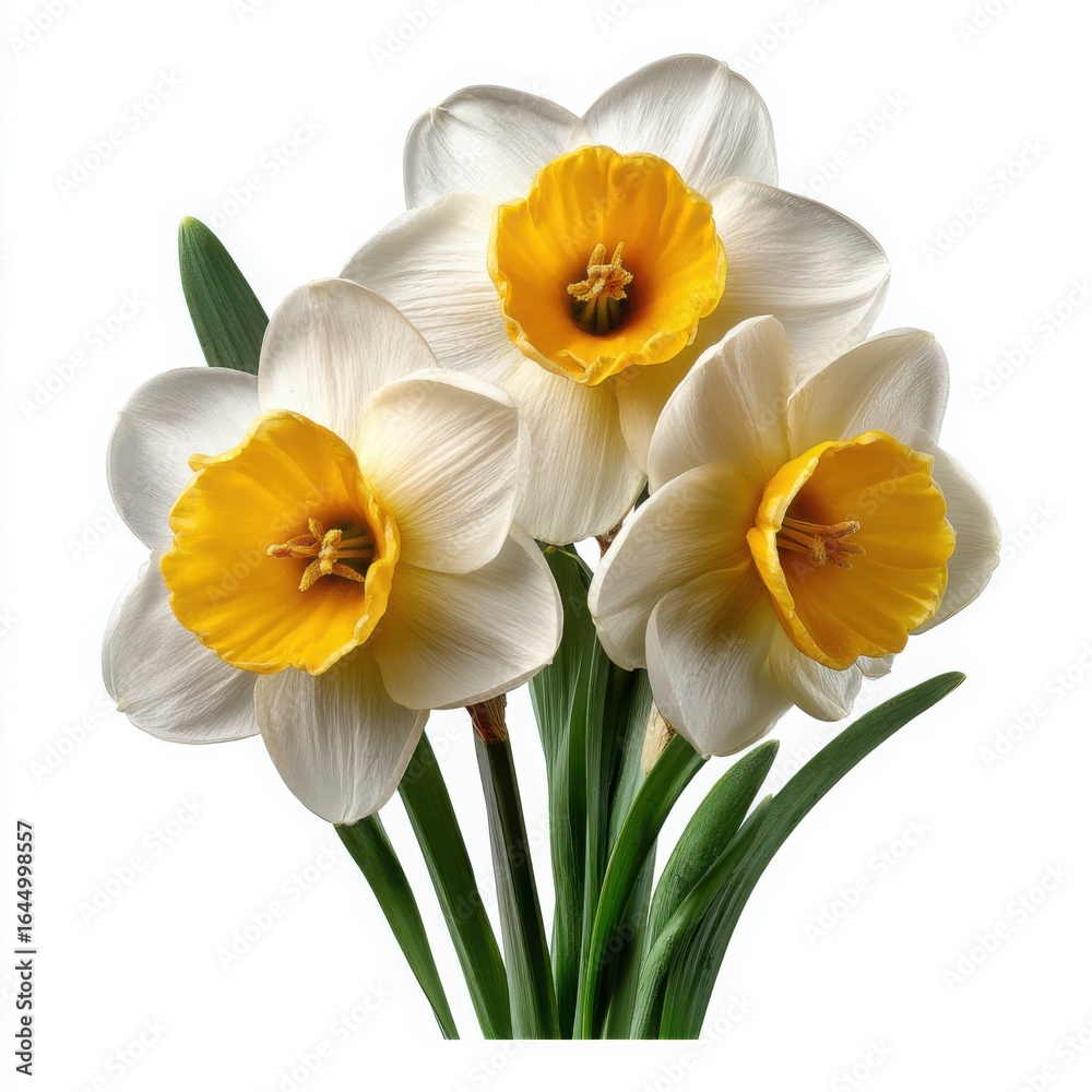 Obraz premium Three White and Yellow Daffodils with Green Stems narcissus