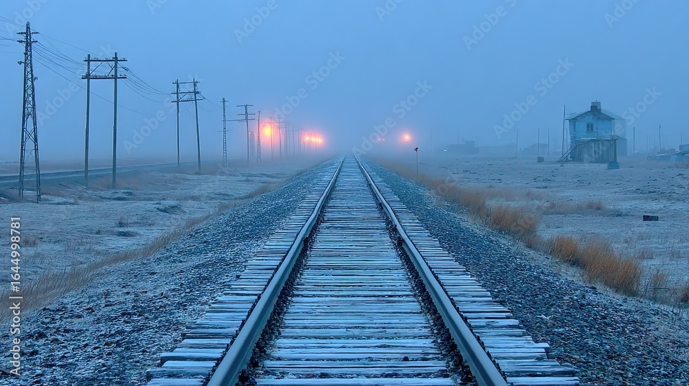Fototapeta premium Foggy Train Tracks At Dusk