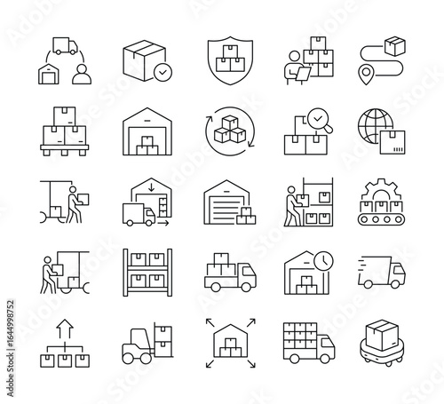 Warehouse delivery line icons set. Parcel logistics delivery symbols outline icons collection. Delivery methods, courier, order tracking, box, parcel protection stock vector. sign symbol supply chain.