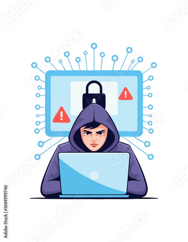 Focused hacker in hoodie at laptop, cyber threat alert with lock icon and warning signs on screen