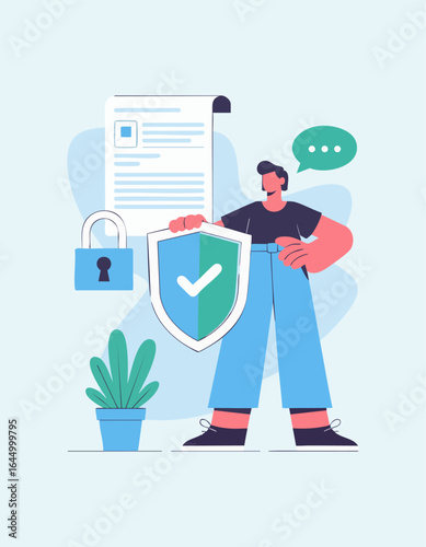 Confident person holding shield symbolizing data protection and secure communication in modern business
