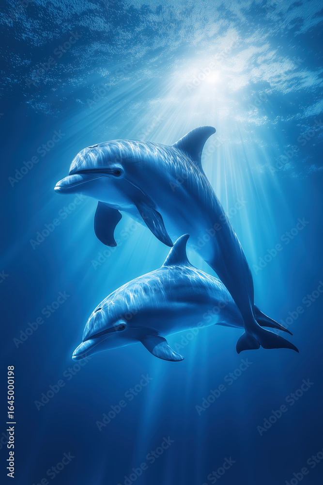 Fototapeta premium Two dolphins swim underwater in the sea