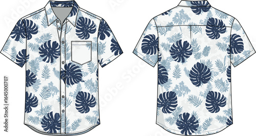Men’s short sleeve tropical shirt design, front and back view, leaf print button shirt mockup, summer beachwear fashion template for apparel illustration