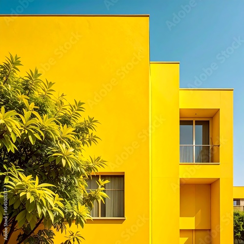 Vibrant yellow building with a tree, clear blue sky