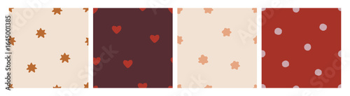 Star, heart, polka dot patterns set. Seamless textures, backgrounds, repeating endless designs for modern style textile, fabric, girlish wallpaper and paper wrapping. Flat vector illustrations