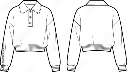Long sleeve pullover sweatshirt flat sketch, collared neckline, button placket, ribbed hem and cuffs, casual fashion apparel technical clothing design illustration
