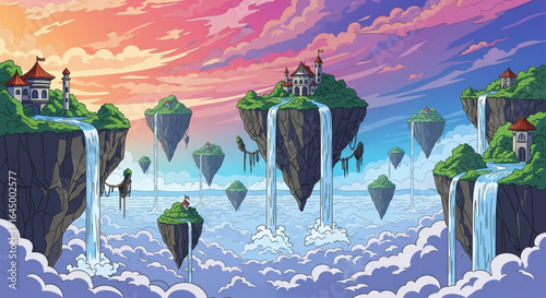 Floating islands with castles, waterfalls, and figures, set against a vibrant sunset sky.