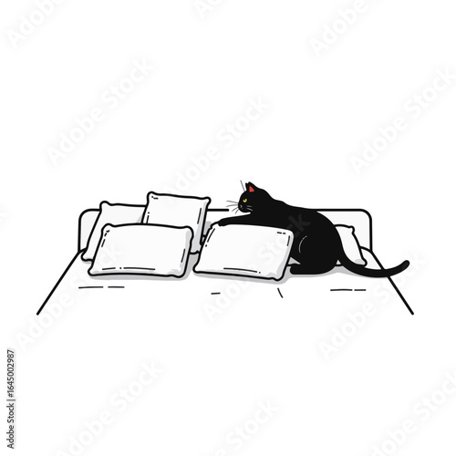 Black cat stretching on white pillows, minimalist elegance